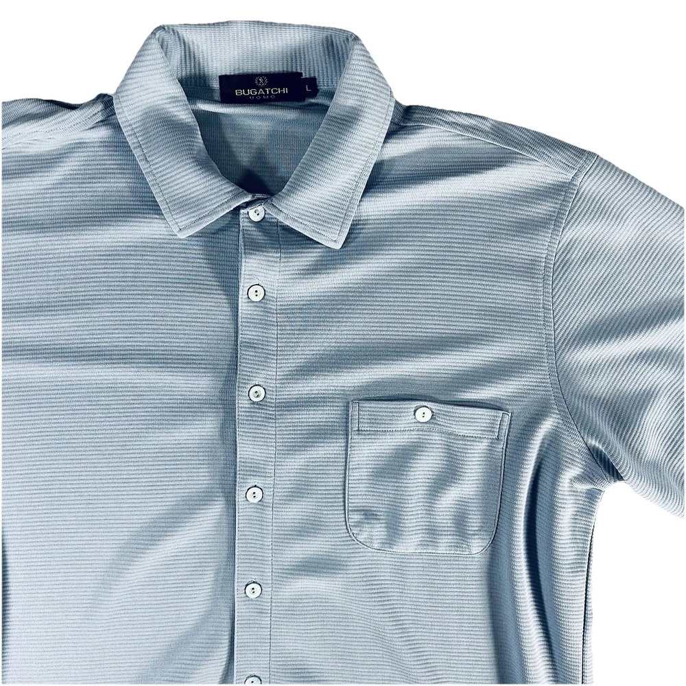 Bugatchi Uomo Knit Shirt Mens L Ice Blue Modal Blend Ribbed Luxury Minimalist